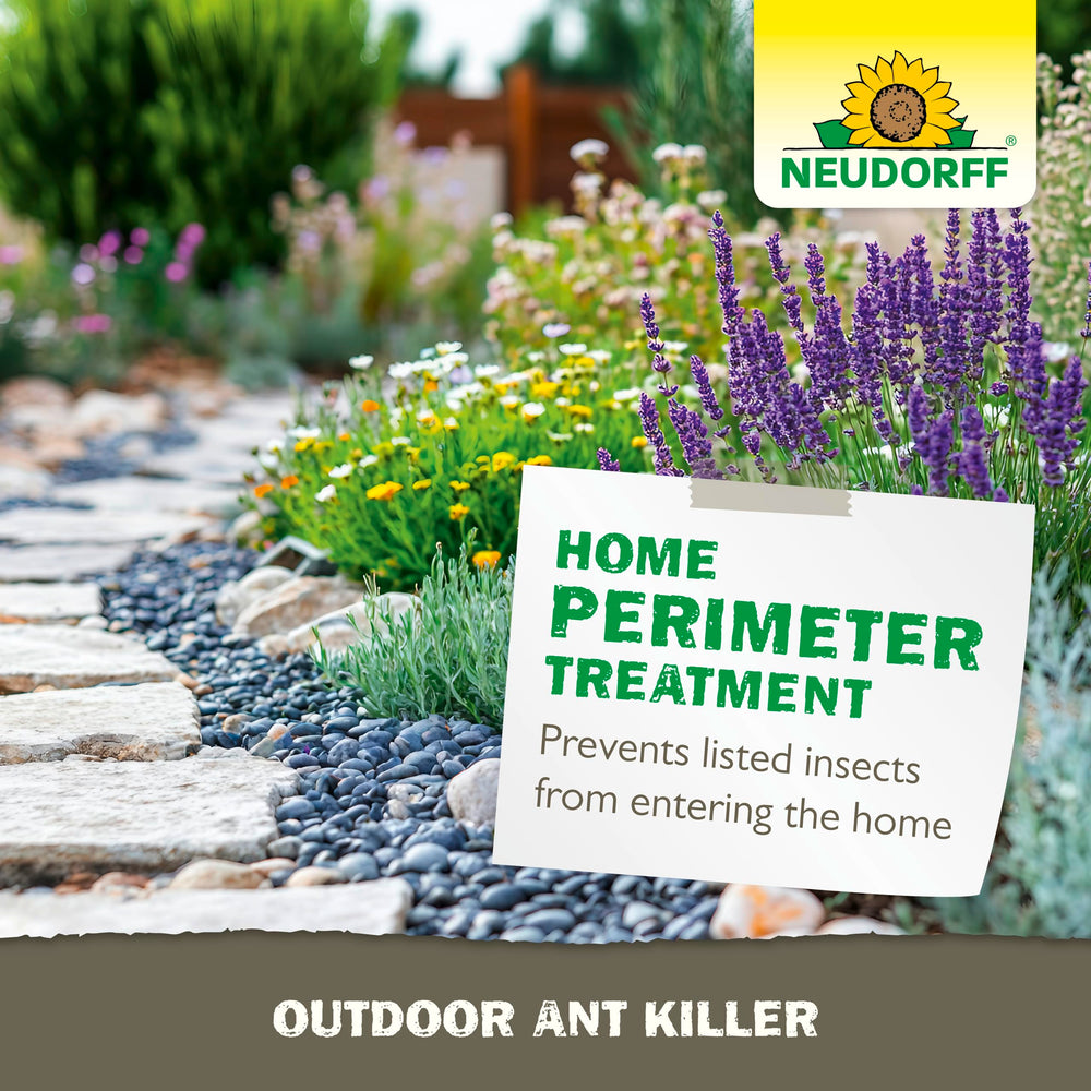 Neudorff outdoor ant killer granules applied along lawn edges and borders.