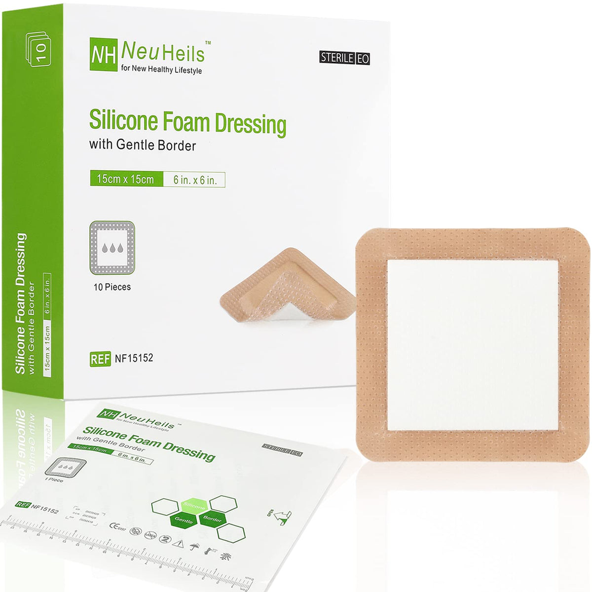 NEUHEILS silicone adhesive foam dressing 6x6 front view highlights gentle border and absorption.