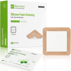 NEUHEILS silicone adhesive foam dressing 6x6 front view highlights gentle border and absorption.