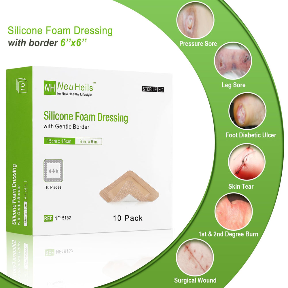 NEUHEILS silicone foam dressing box 10-pack demonstrates convenient packaging for use.