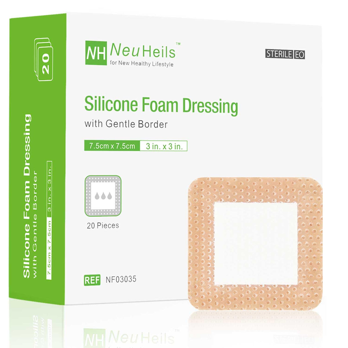 NeuHeils silicone foam dressing 3x3 close-up with gentle border for sensitive skin