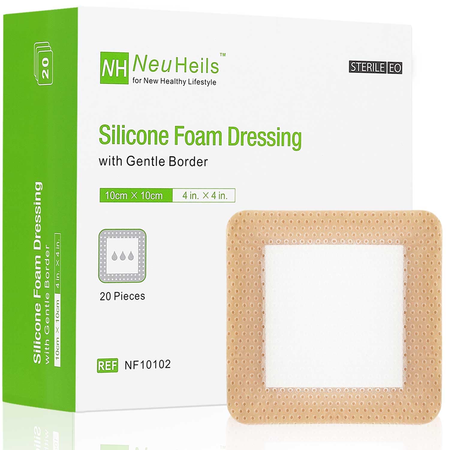 NeuHeils silicone foam dressing with border 4x4 box shows latex-free, high-absorbency protection.
