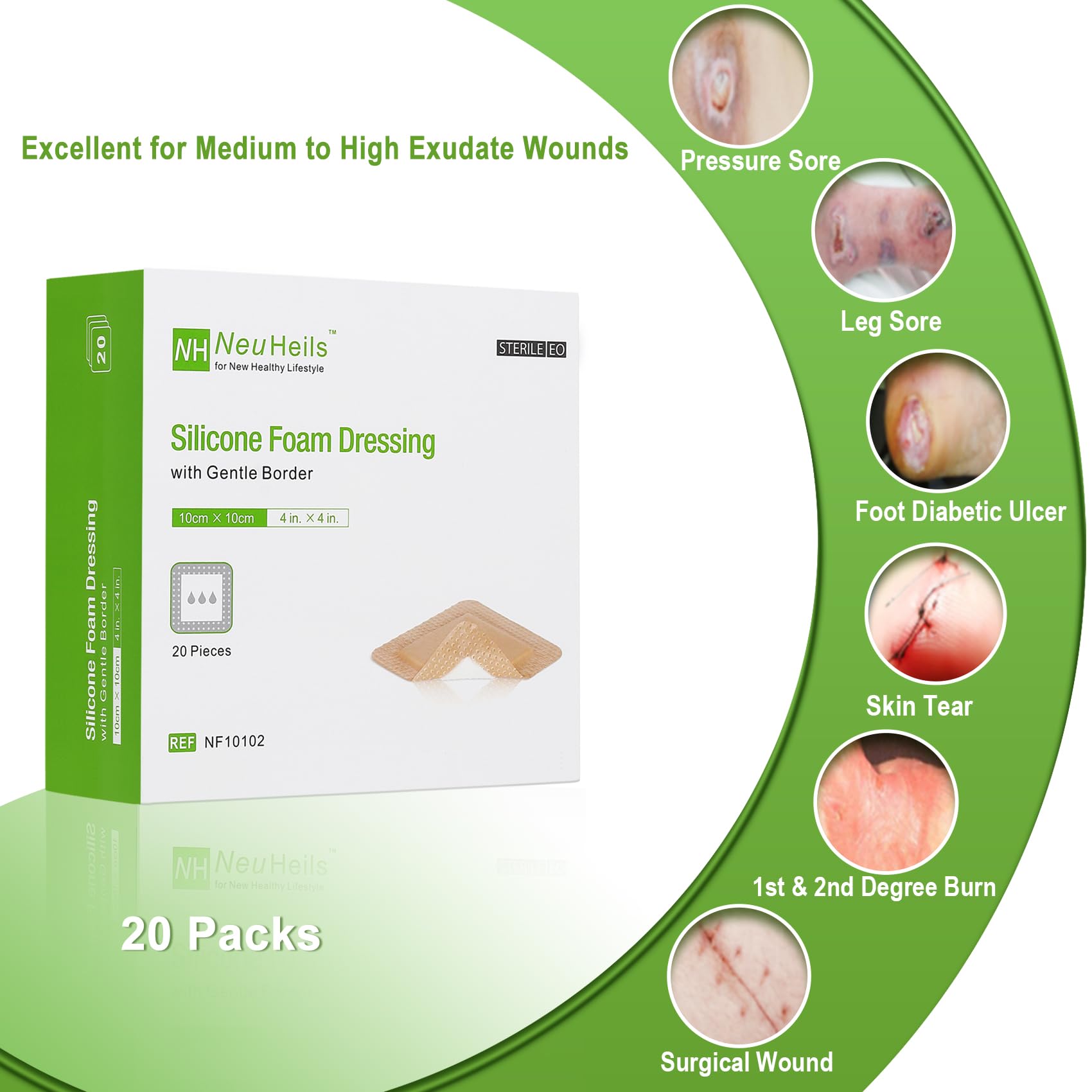 NeuHeils silicone foam dressing border 4x4 pack closeup highlights gentle border and soft contact layer.