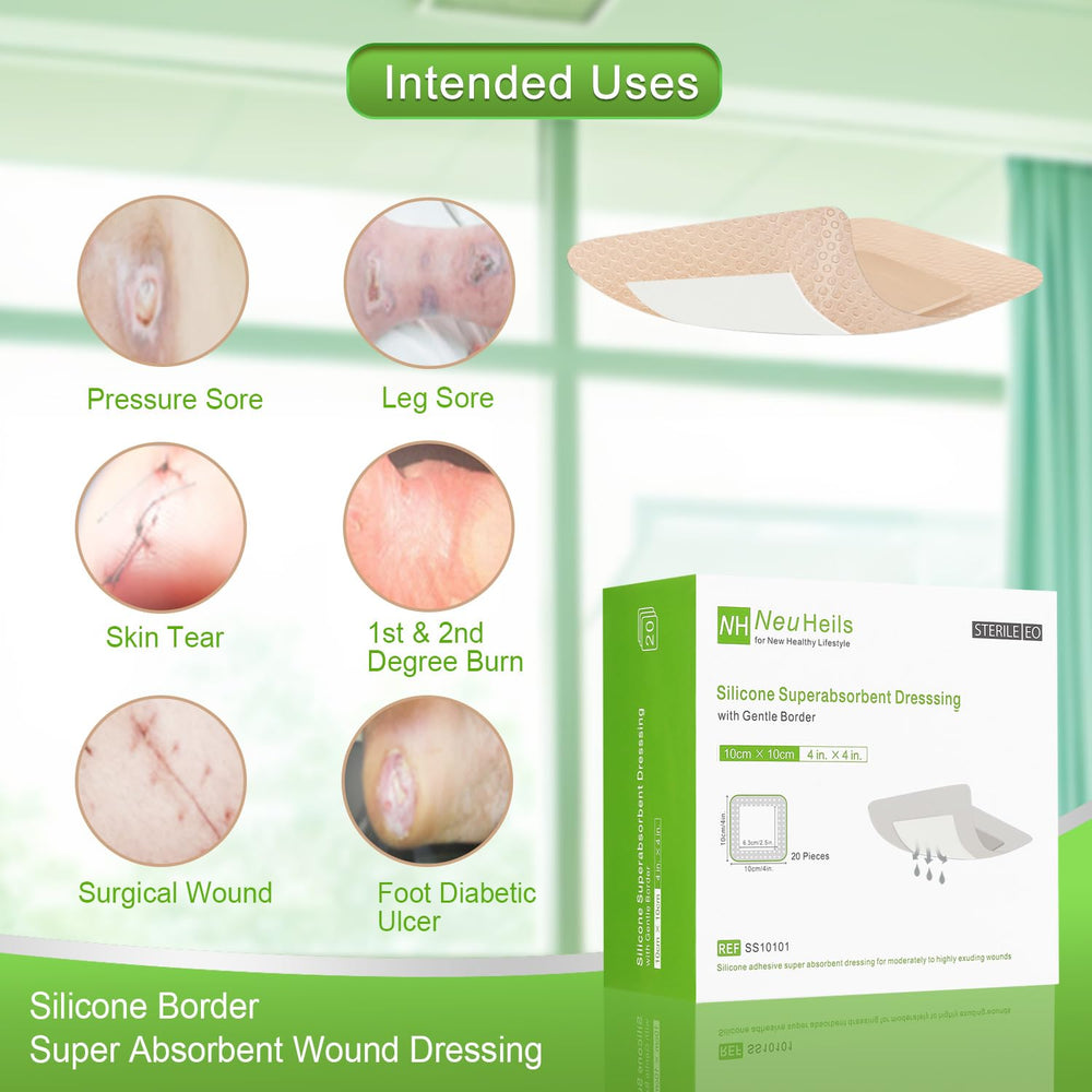 NEUHEILS ultrasorb core wound dressing highlights strong absorption for heavy exudate management.