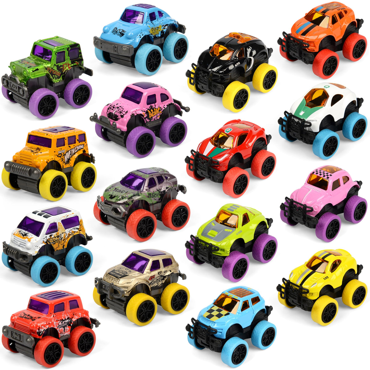 Neureyte mini monster trucks front view with bright colors and pull-back action