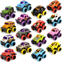 Neureyte mini monster trucks front view with bright colors and pull-back action
