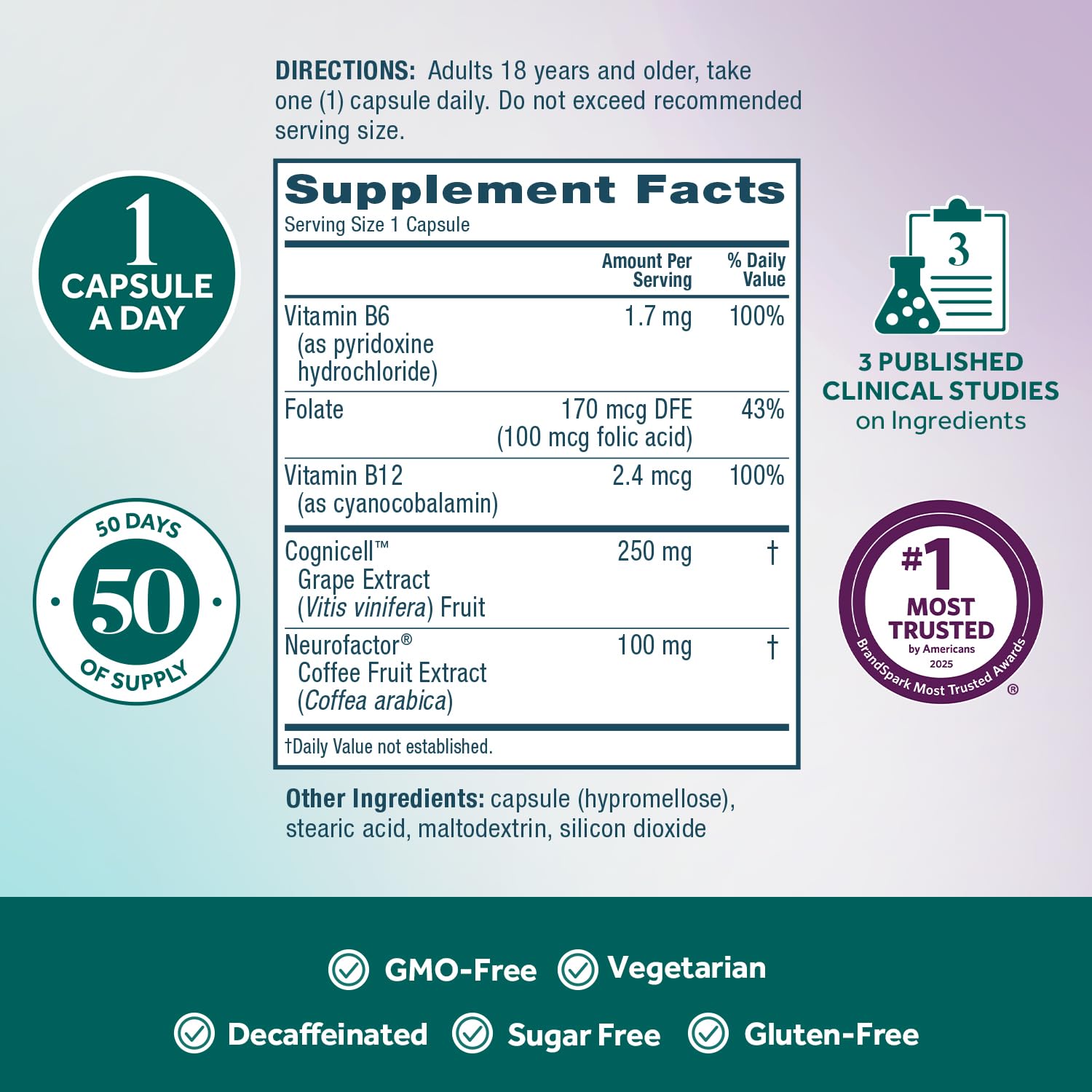 Neuriva Memory 3D vitamins image features B6, B12, and folic acid for brain health
