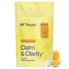 Neuro Calm & Clarity Mints bottle closeup for quick calm and focus on the go.