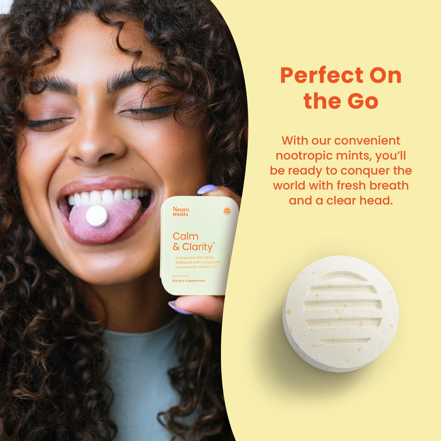Neuro Calm & Clarity mints during a coffee break supporting mood and clarity