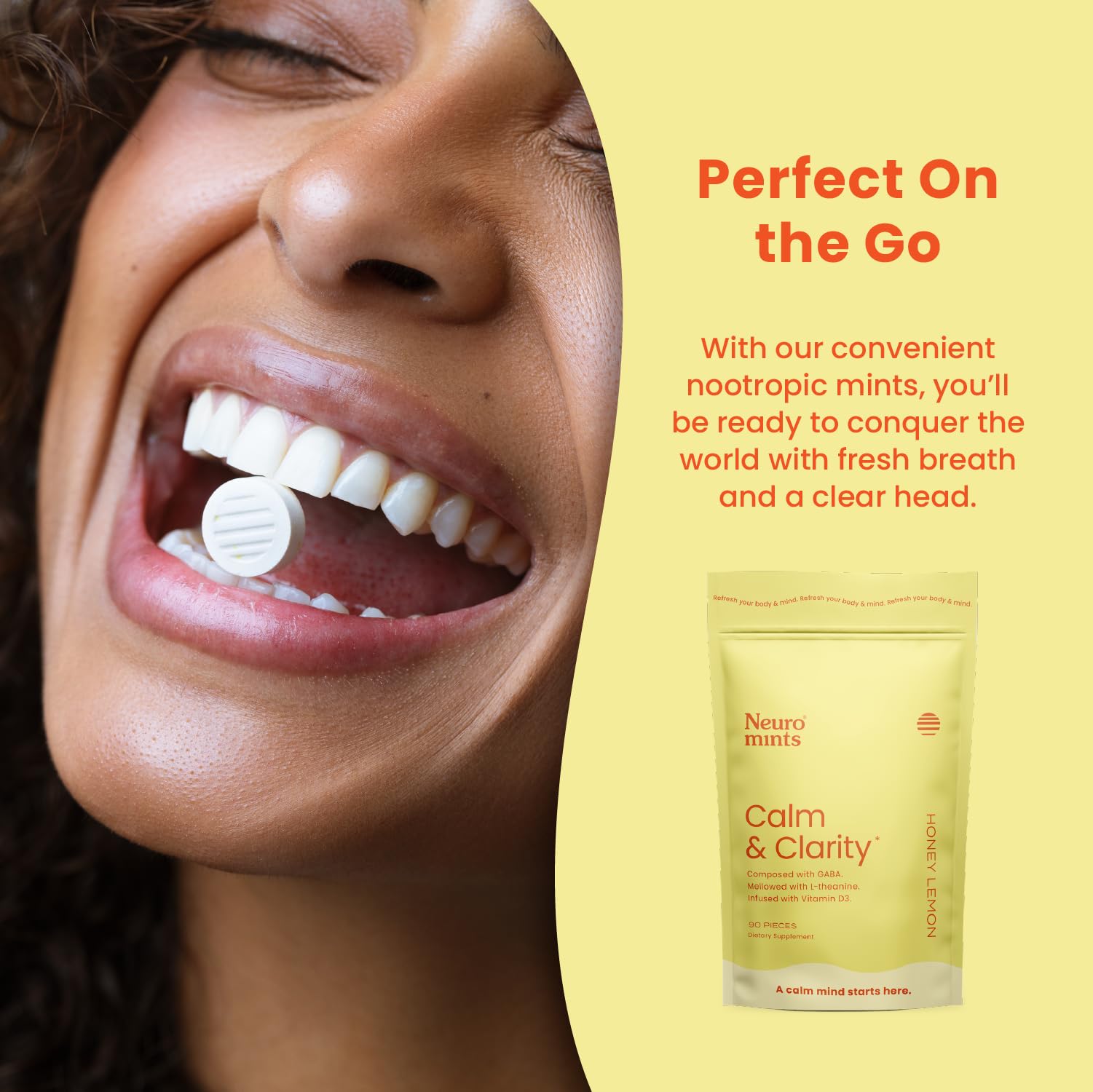 Ingredients highlight vitamin D3 for mood support in Neuro Calm & Clarity Mints.