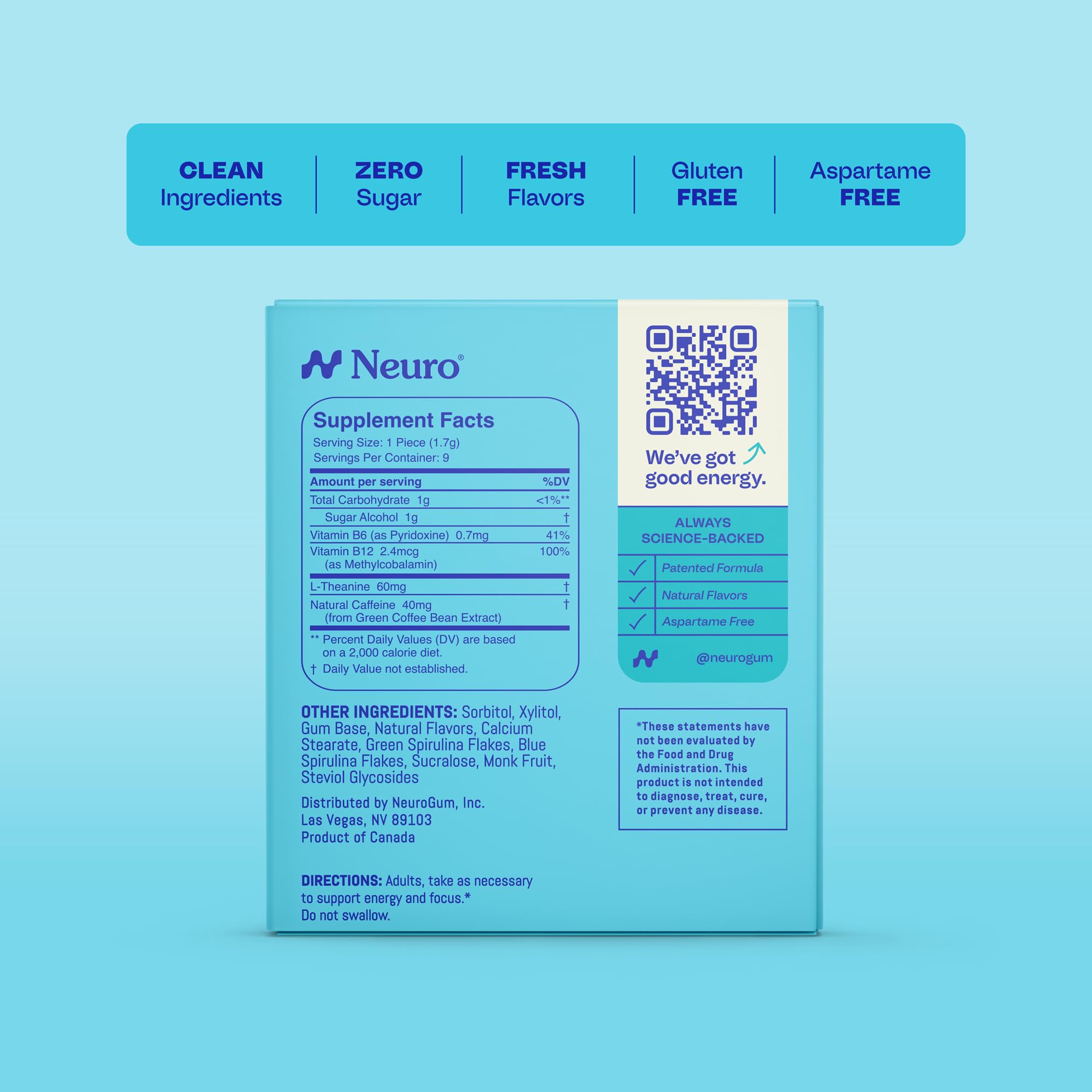 Neuro Energy & Focus Gum 40mg caffeine graphic showcases quick alertness