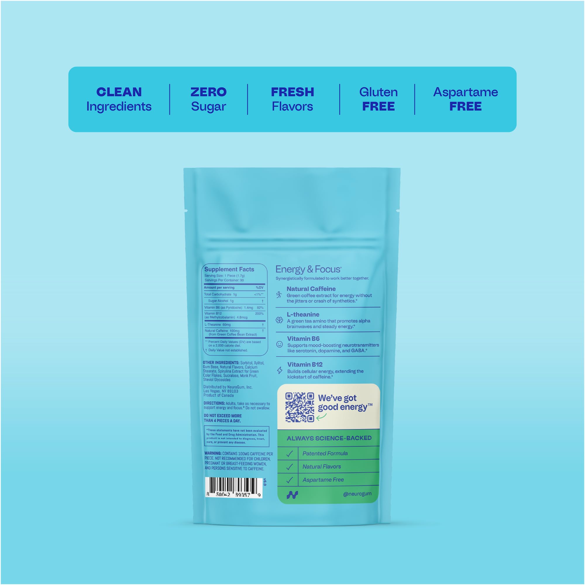 Neuro Energy Focus Gum bottle side view for daily use and vegan formula.