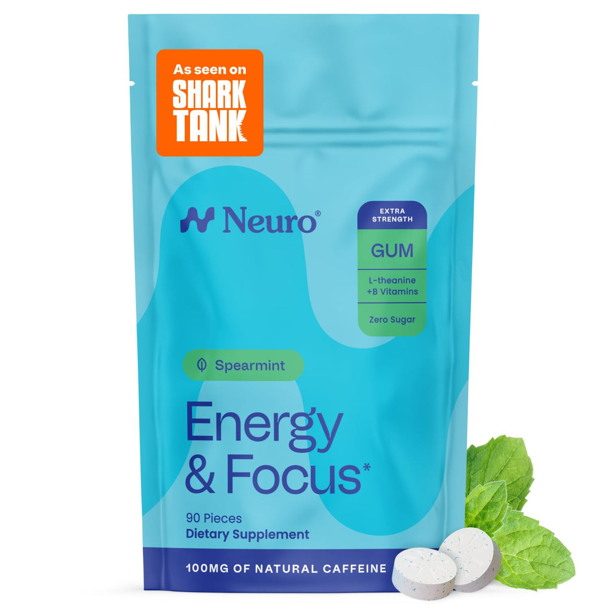 Neuro Energy Focus Gum front label showing 100 mg caffeine for quick energy.