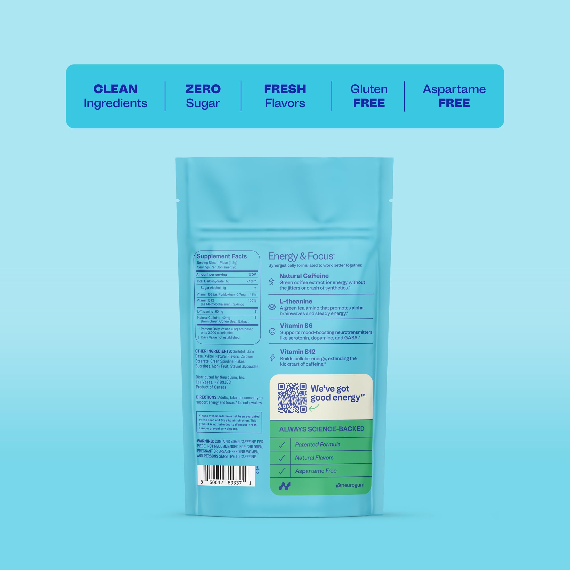 Neuro Energy & Focus Gum ingredient label highlights caffeine and L-Theanine for balance.