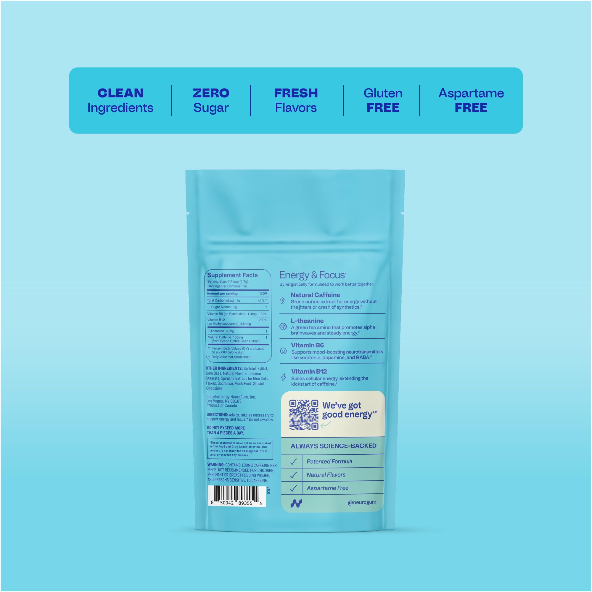 Neuro Energy & Focus Gum label shows 100mg caffeine.