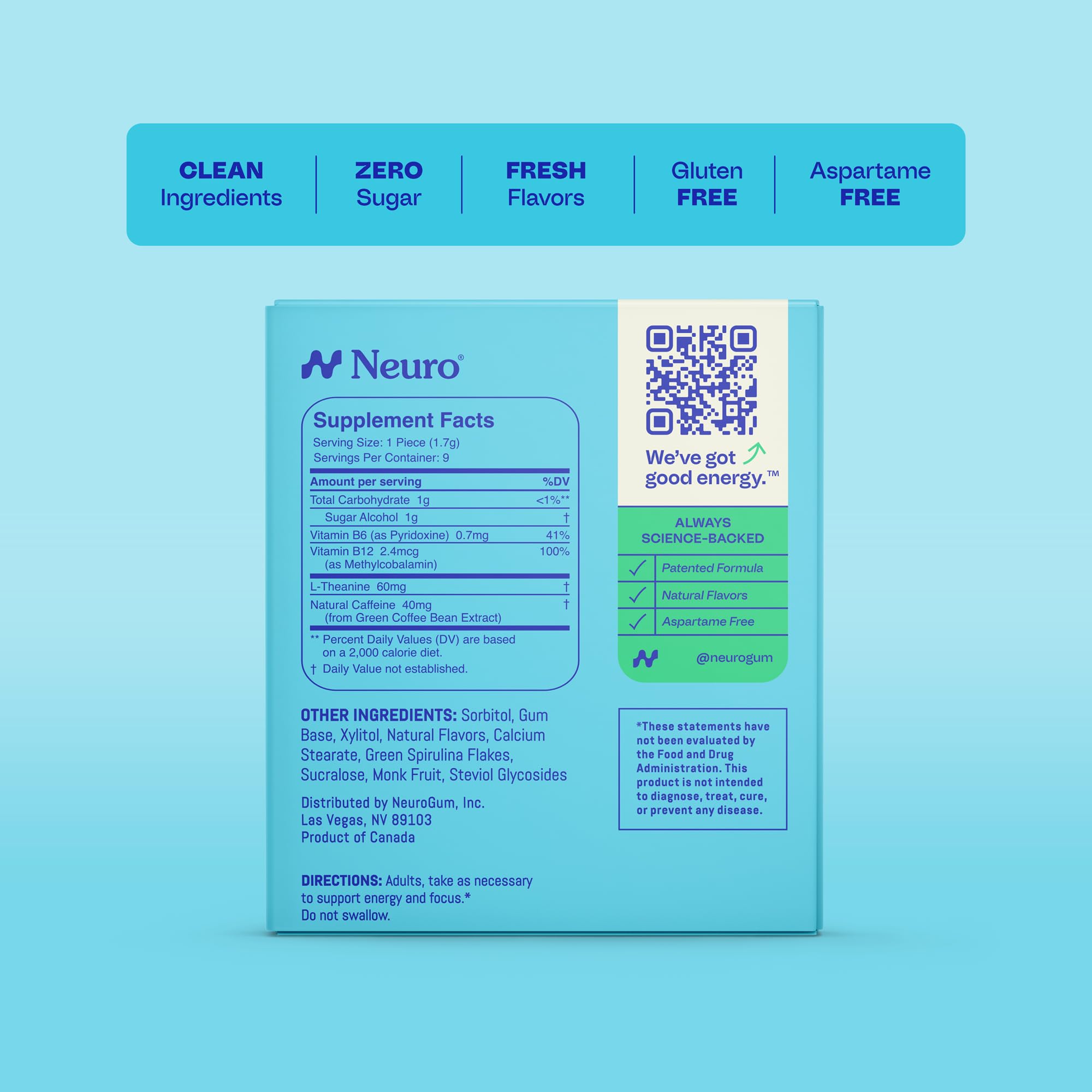 Label ingredients on Neuro Energy & Focus Gum showing vegan sugar-free formula