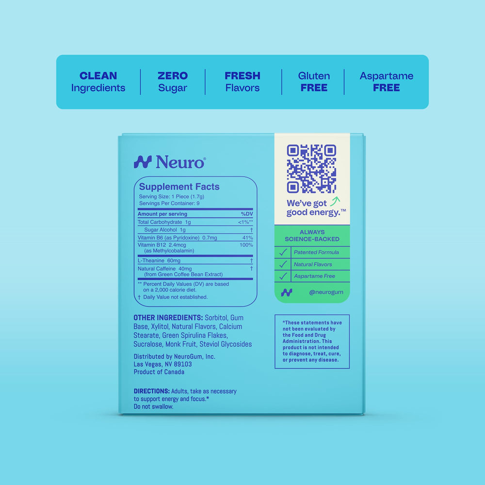 Label ingredients on Neuro Energy & Focus Gum showing vegan sugar-free formula
