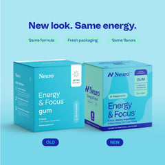 Neuro Energy & Focus Gum packaging label highlights 100mg caffeine and B vitamins.