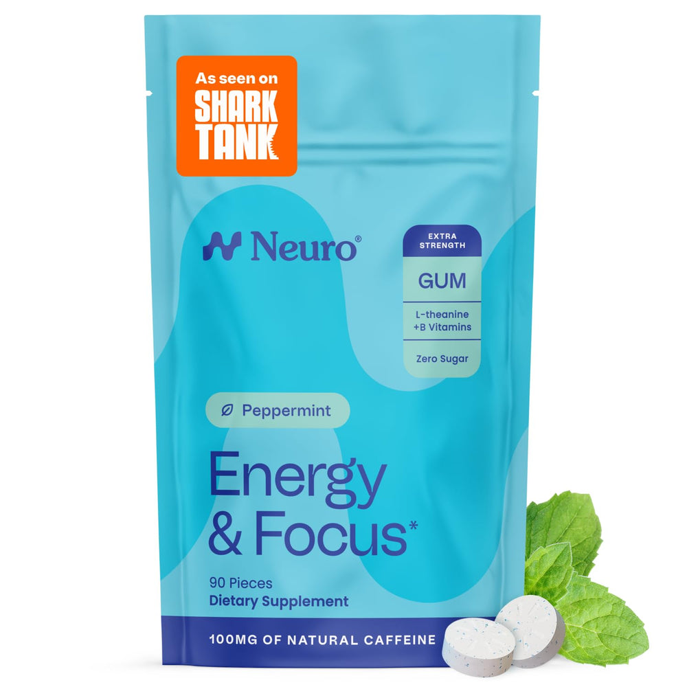 Neuro Energy & Focus Gum packaging shows peppermint flavor and 90 count for on-the-go focus.