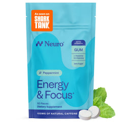 Neuro Energy & Focus Gum packaging shows peppermint flavor and 90 count for on-the-go focus.