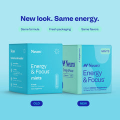 Neuro Energy & Focus Mints bottle close-up highlighting 40 mg caffeine