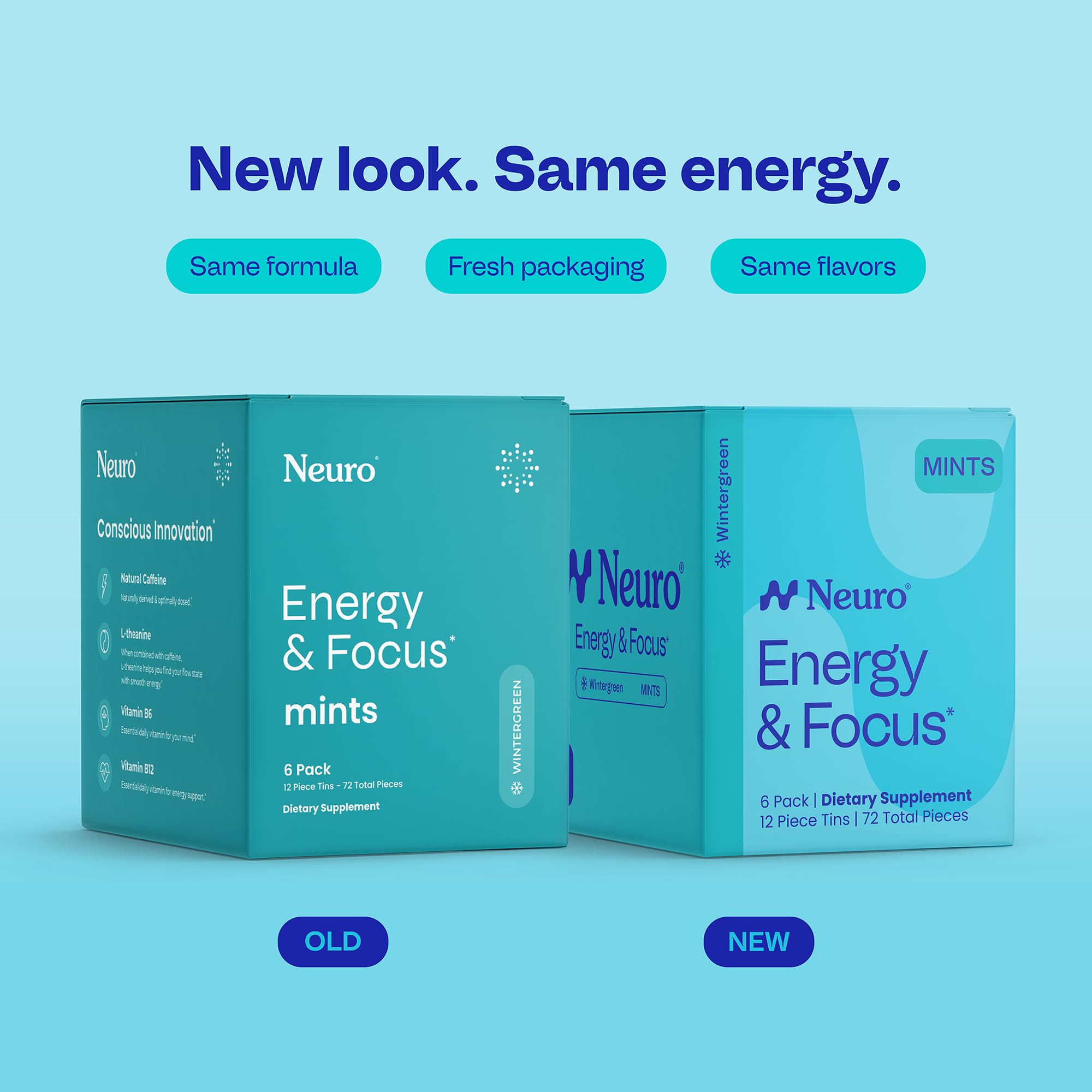 Neuro Energy and Focus Mints bottle front highlights 72-count display and convenience