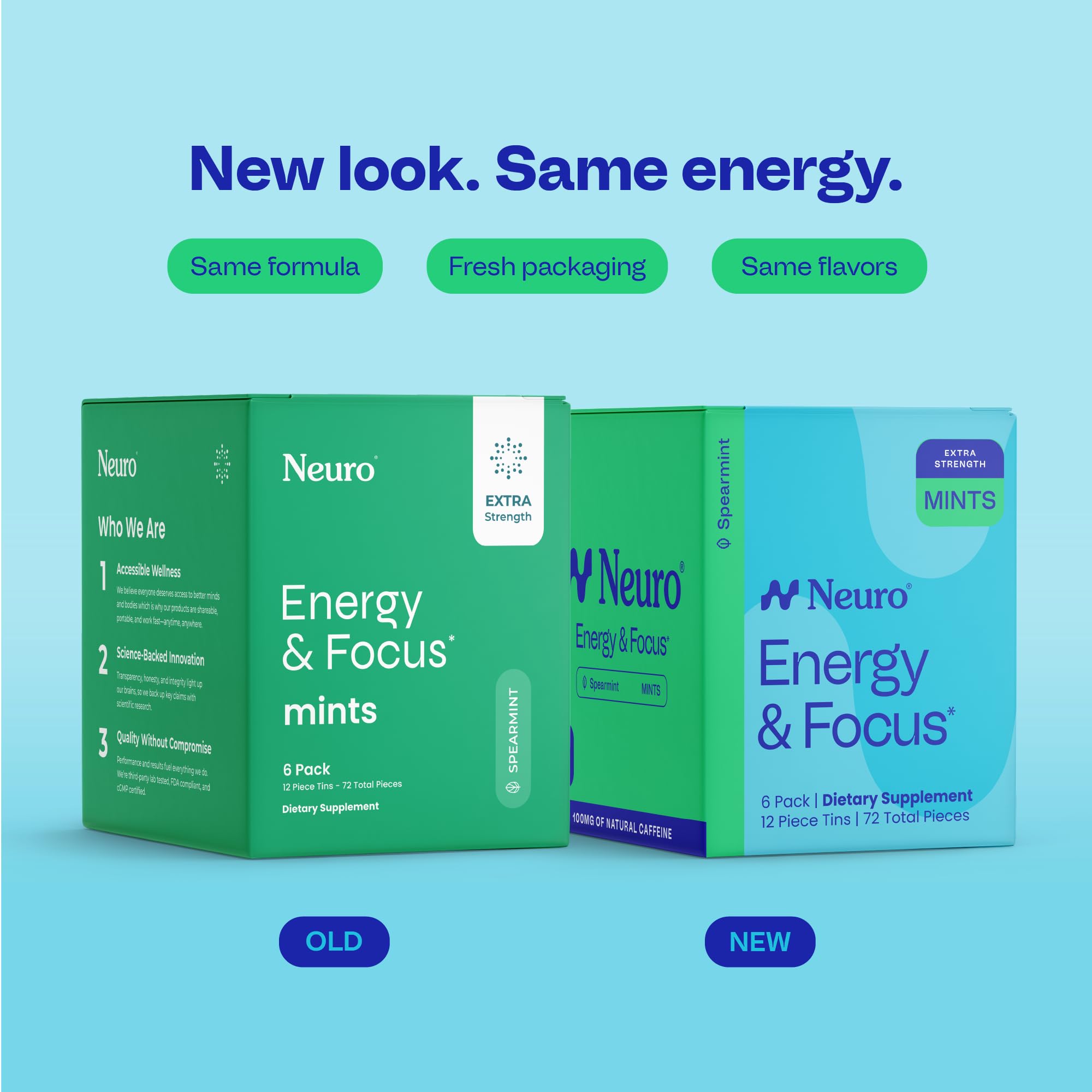 Neuro Energy Focus Mints bottle highlighting convenient daily dosing