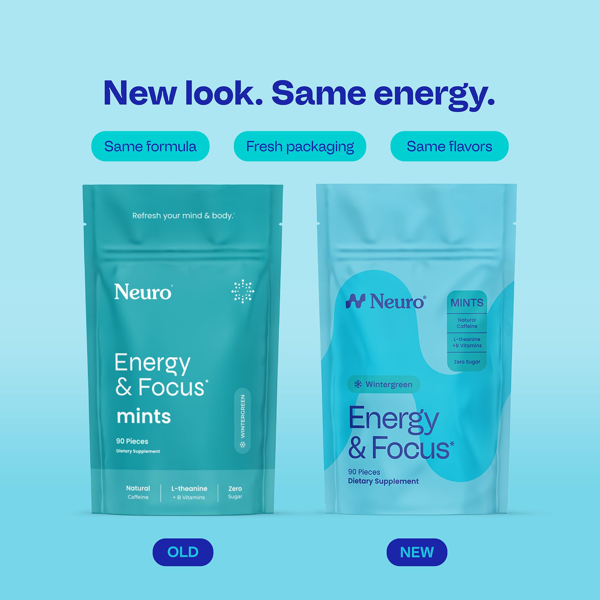 Close-up of Neuro Energy & Focus Mint showing texture and wintergreen taste for focus