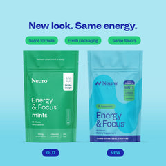Neuro Energy Focus Mints packaging back highlights ingredients and sugar-free formula.