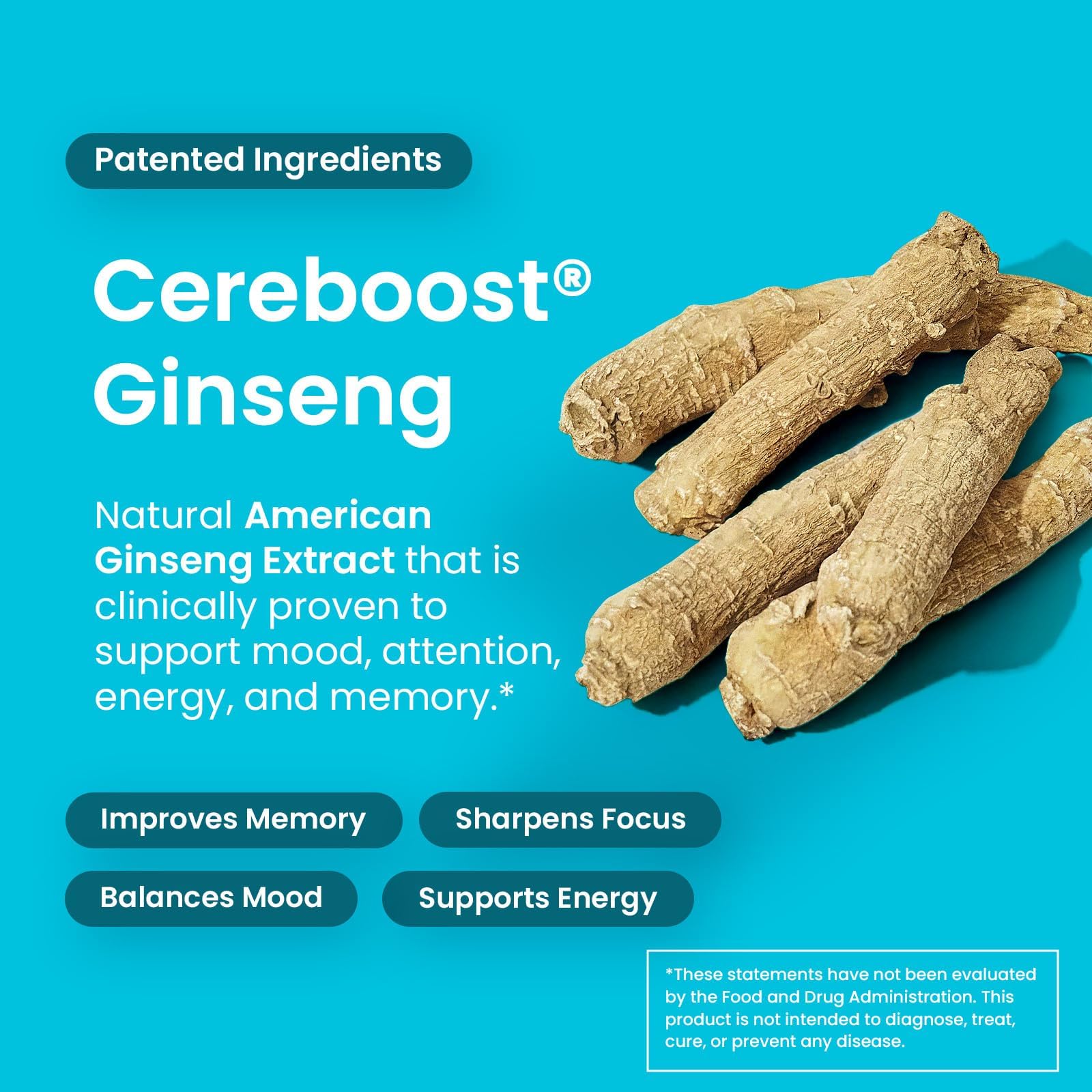Cereboost Ginseng visual cue on Neuro Memory & Focus Gum packaging for attention support