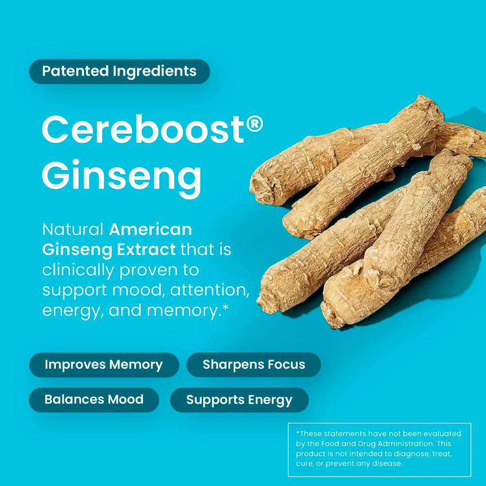 Cereboost Ginseng visual cue on Neuro Memory & Focus Gum packaging for attention support