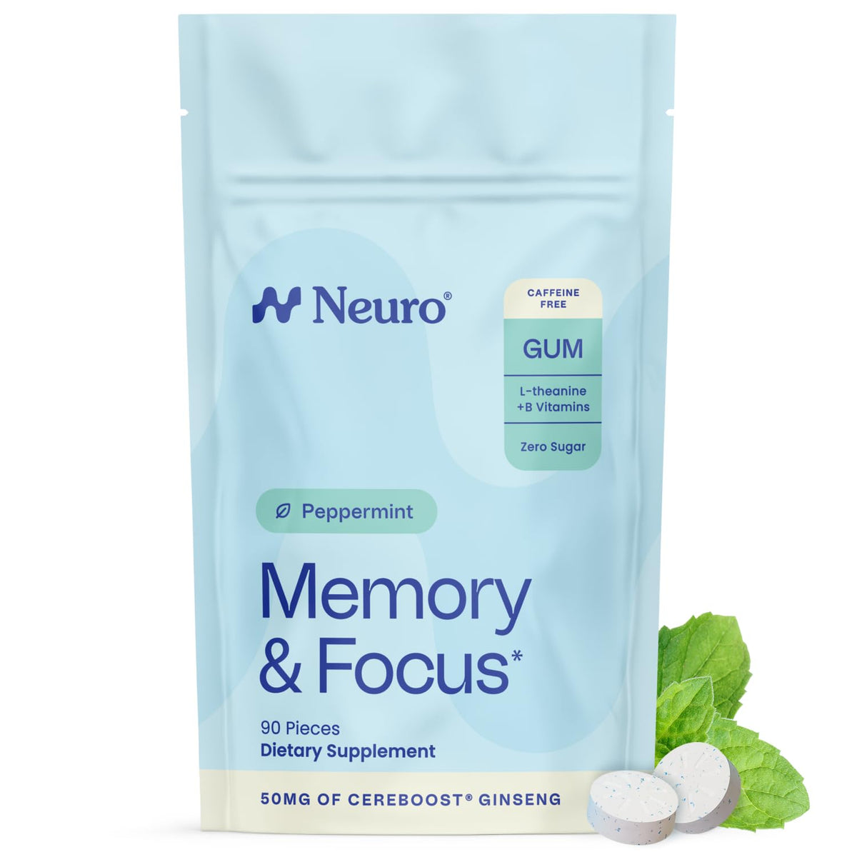 Neuro Memory & Focus Gum peppermint packaging highlighting caffeine-free brain support for quick clarity