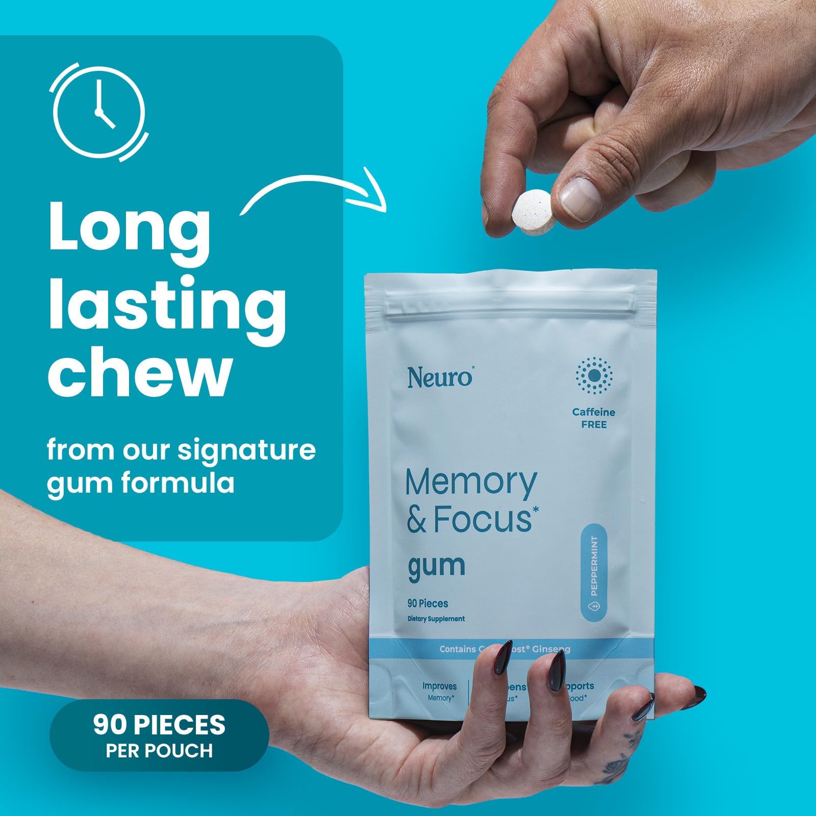 Vegan label on Neuro Memory & Focus Gum packaging emphasizing clean, plant-based formula