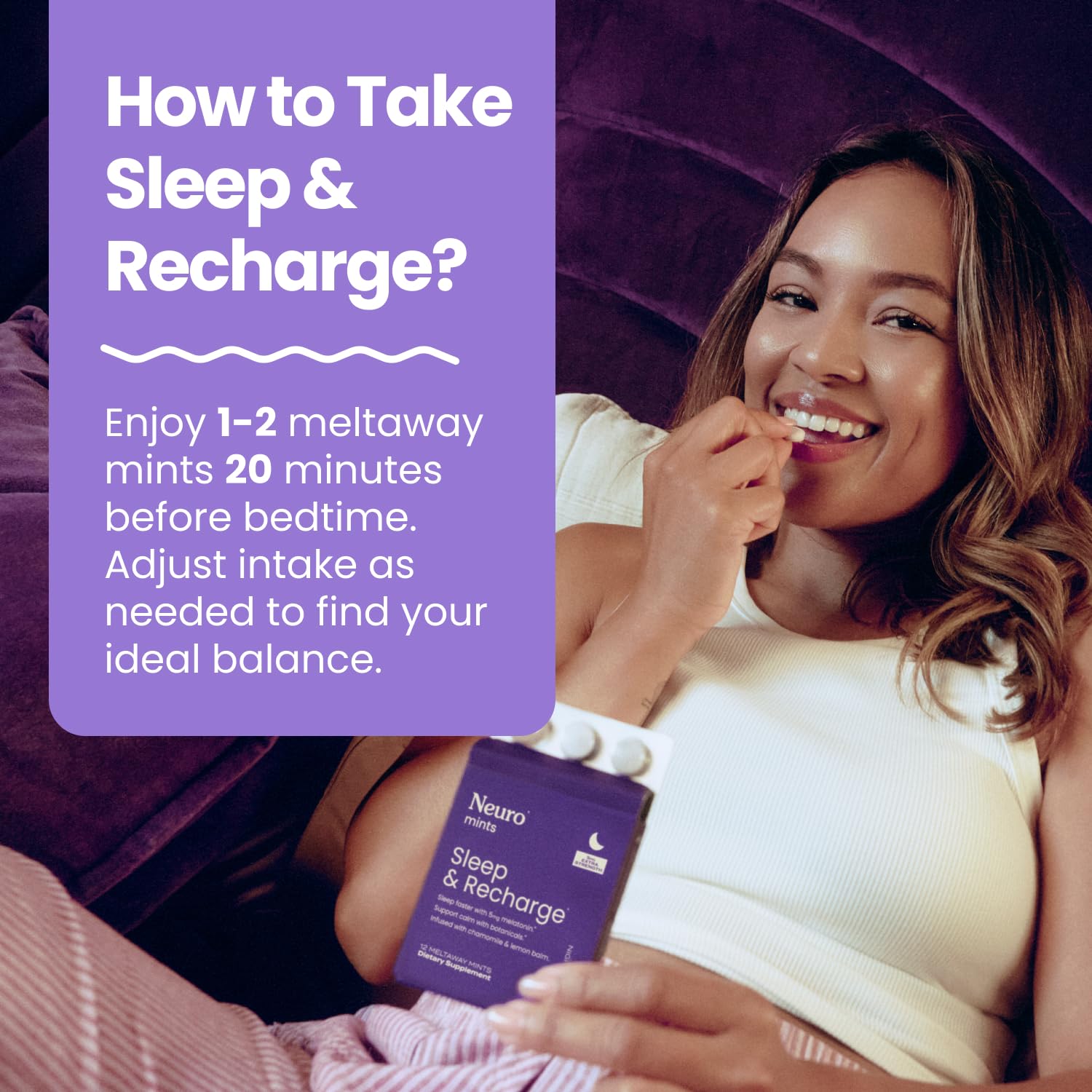 Neuro Sleep Meltaway Mints ingredients spotlight featuring melatonin and herbs.