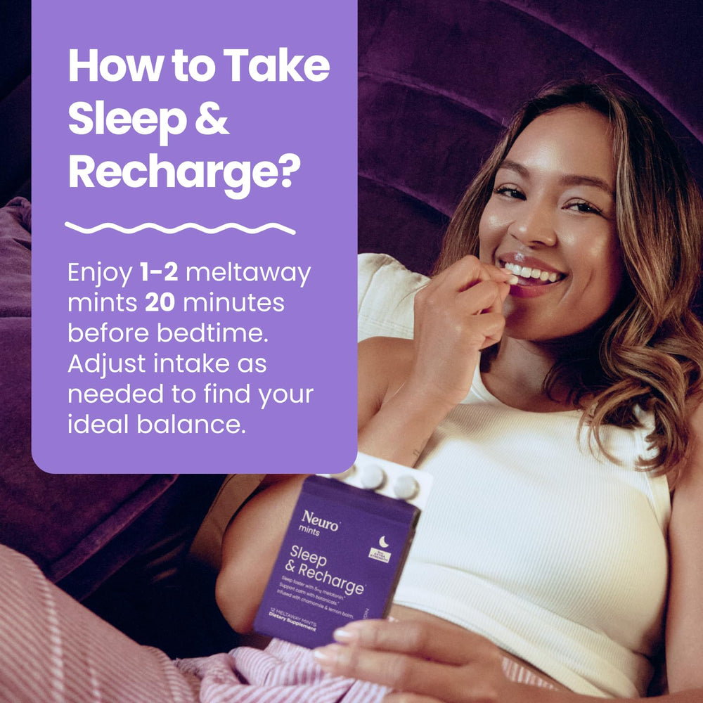 Neuro Sleep Meltaway Mints ingredients spotlight featuring melatonin and herbs.