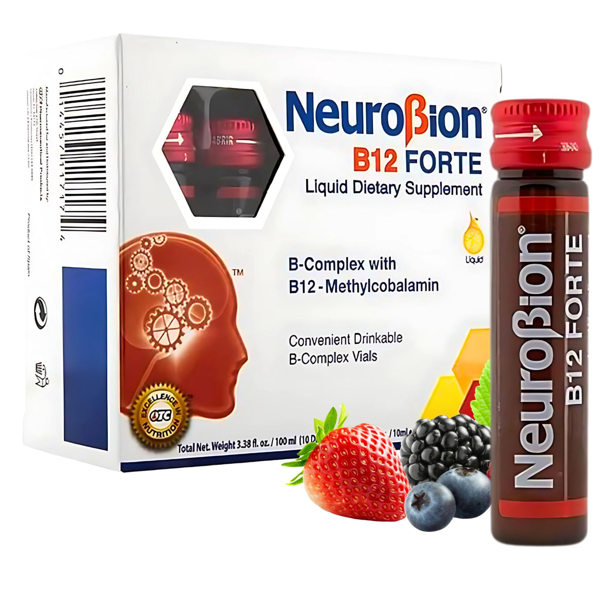 Neurobion B12 Forte 10 ml vial front, compact daily energy support at a glance.