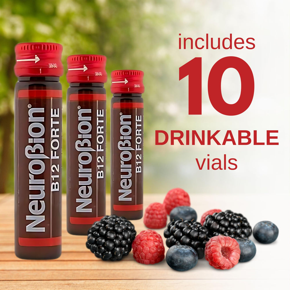 Neurobion B12 Forte close-up bottle, premium B-complex support in liquid form.