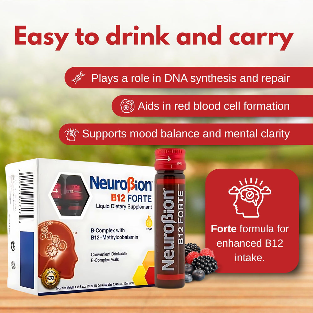 Neurobion B12 Forte vial label detail, trusted nutrient blend at a glance.