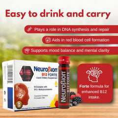 Neurobion B12 Forte vial label detail, trusted nutrient blend at a glance.