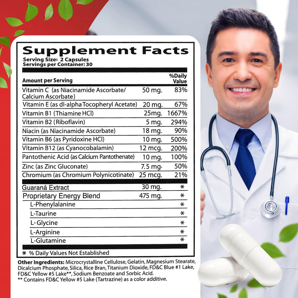 Neurobion Energy bottle back detailing ingredients and suggested daily use.