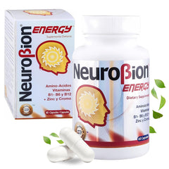 Neurobion Energy bottle front with 60 capsules, supports daily focus and stamina.