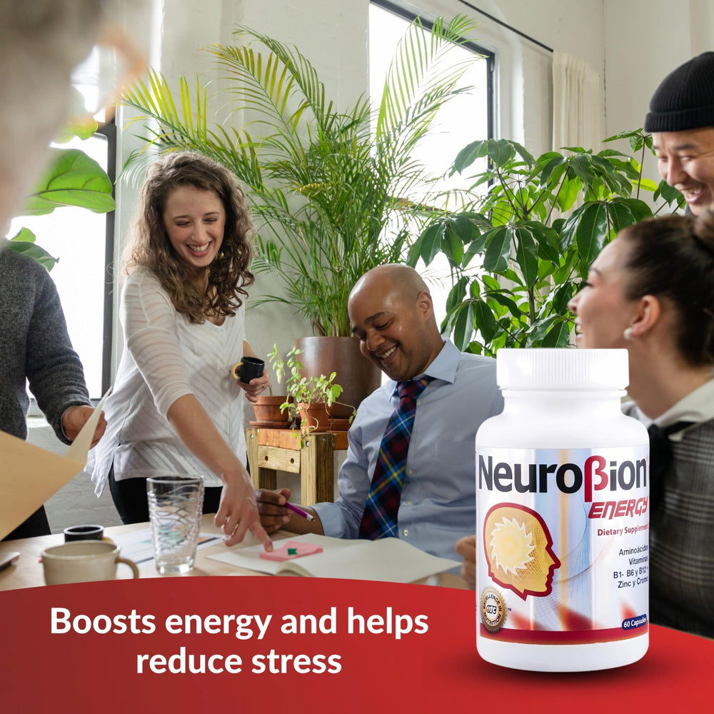 Neurobion Energy packaging display on store shelf highlighting vitamins and minerals.