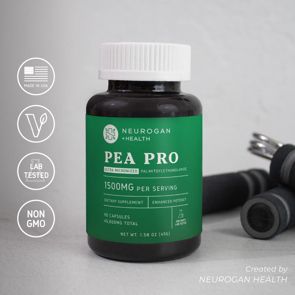Neurogan PEA bottle close-up label emphasizes purity and clean formula.