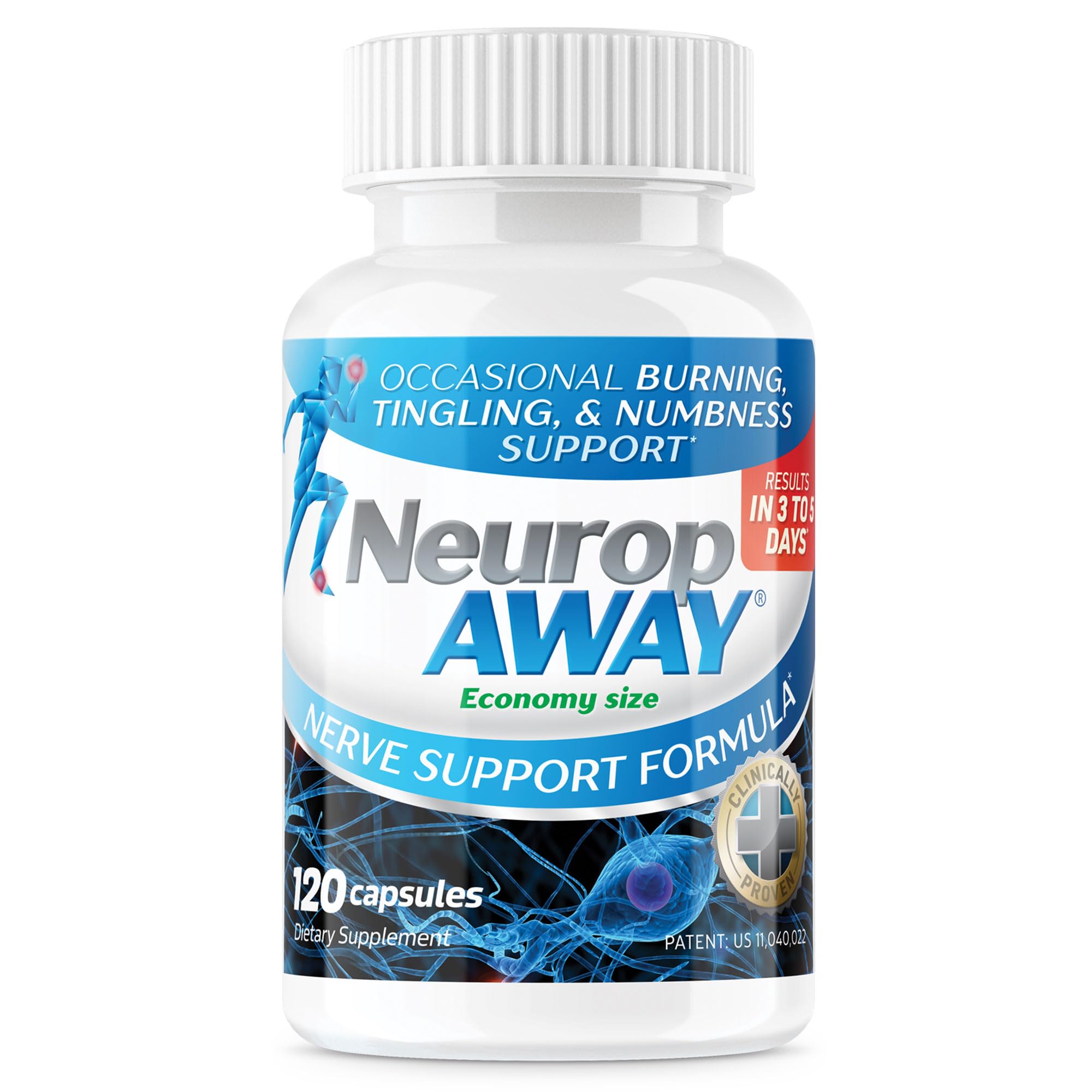 NeuropAWAY bottle front view for easy daily nerve support.