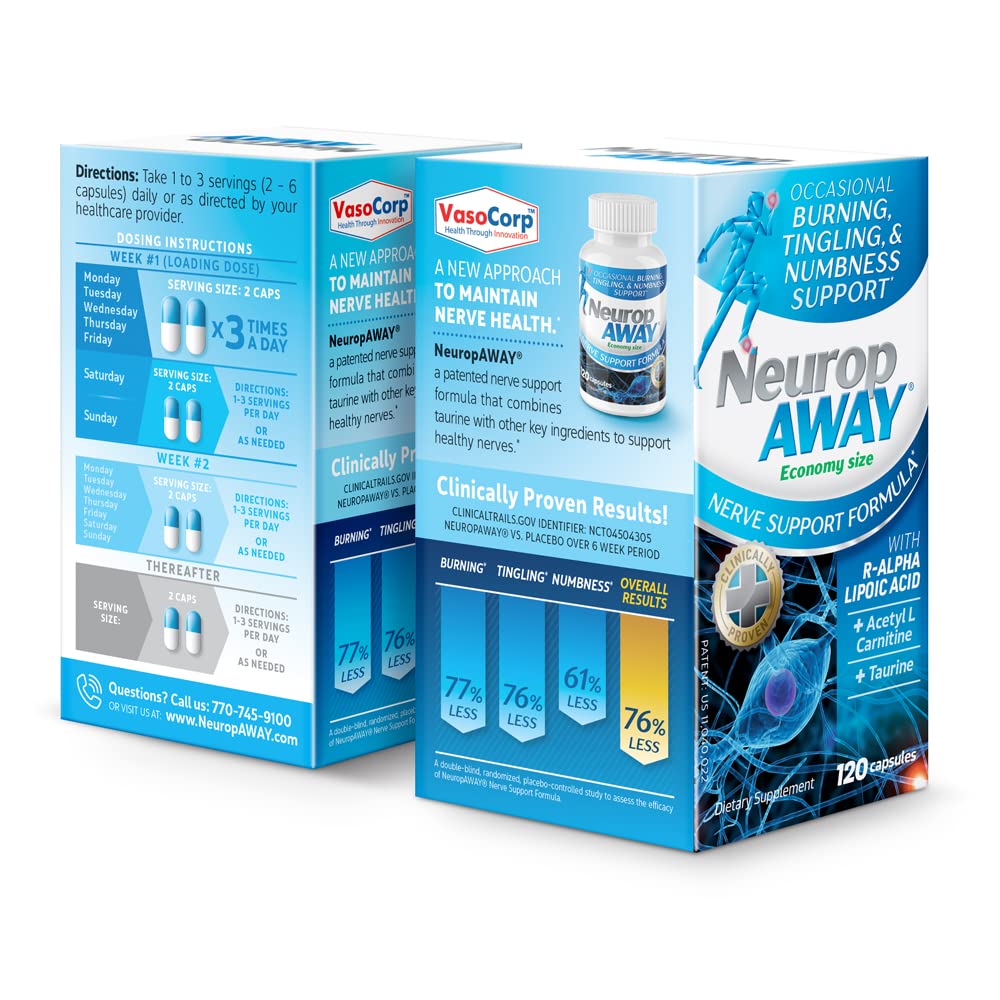 NeuropAWAY bottle on a desk communicates reliable nerve relief potential.
