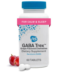 NeuroScience GABA Trex chewable tablet with grape flavor for quick calm before bed.