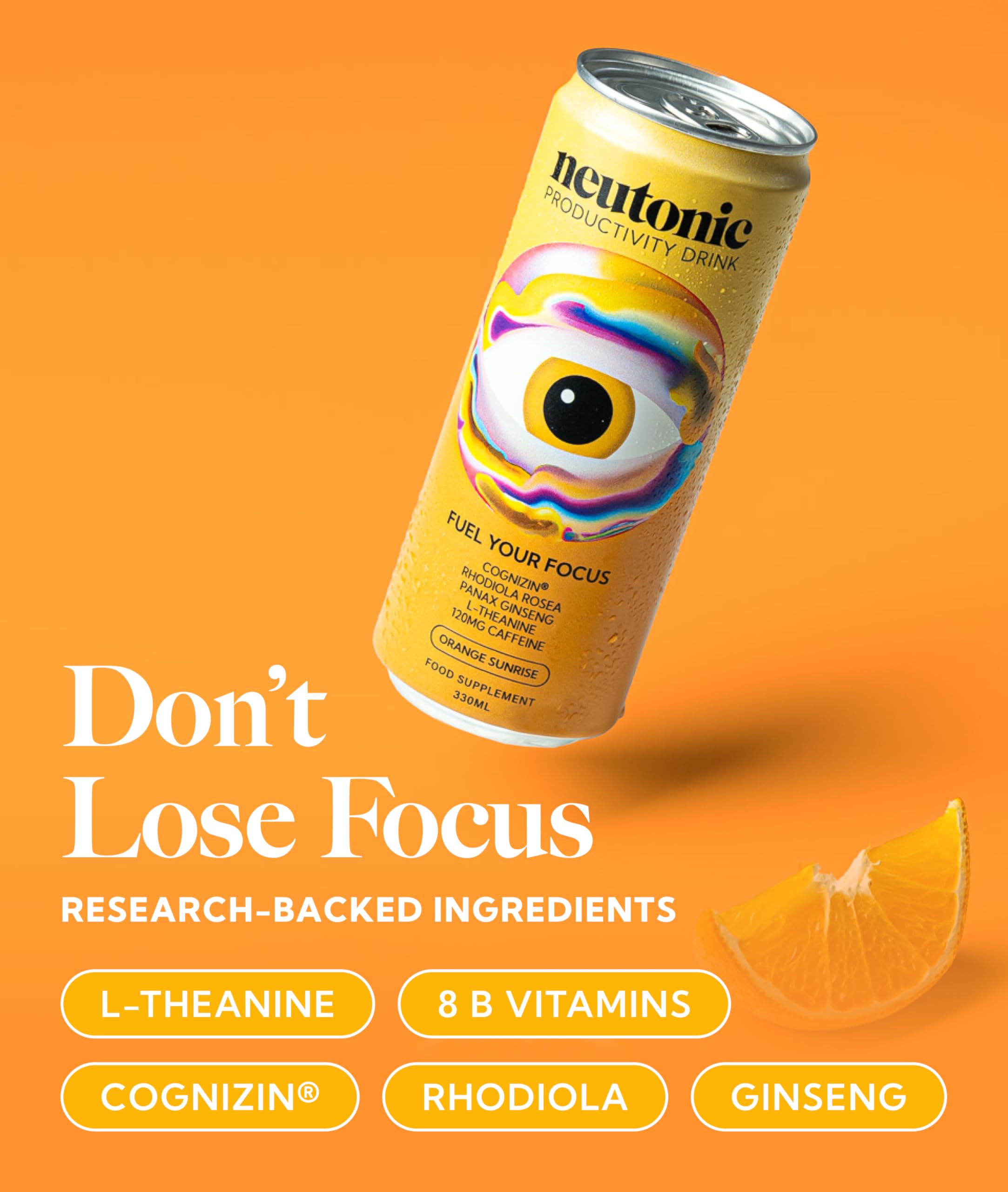 Neutonic nootropic ingredients graphic highlighting caffeine, L-Theanine, and Rhodiola Rosea