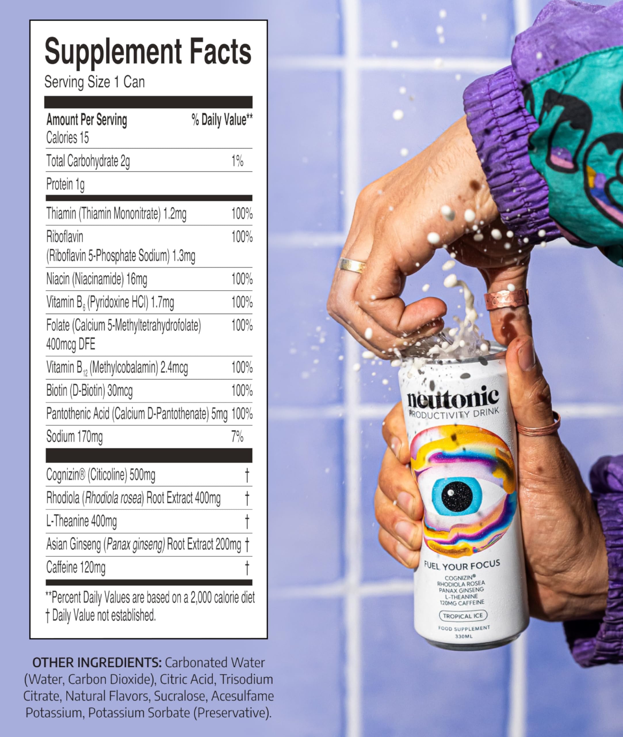 Neutonic Tropical Ice can side view highlights zero sugar formula for daily use.