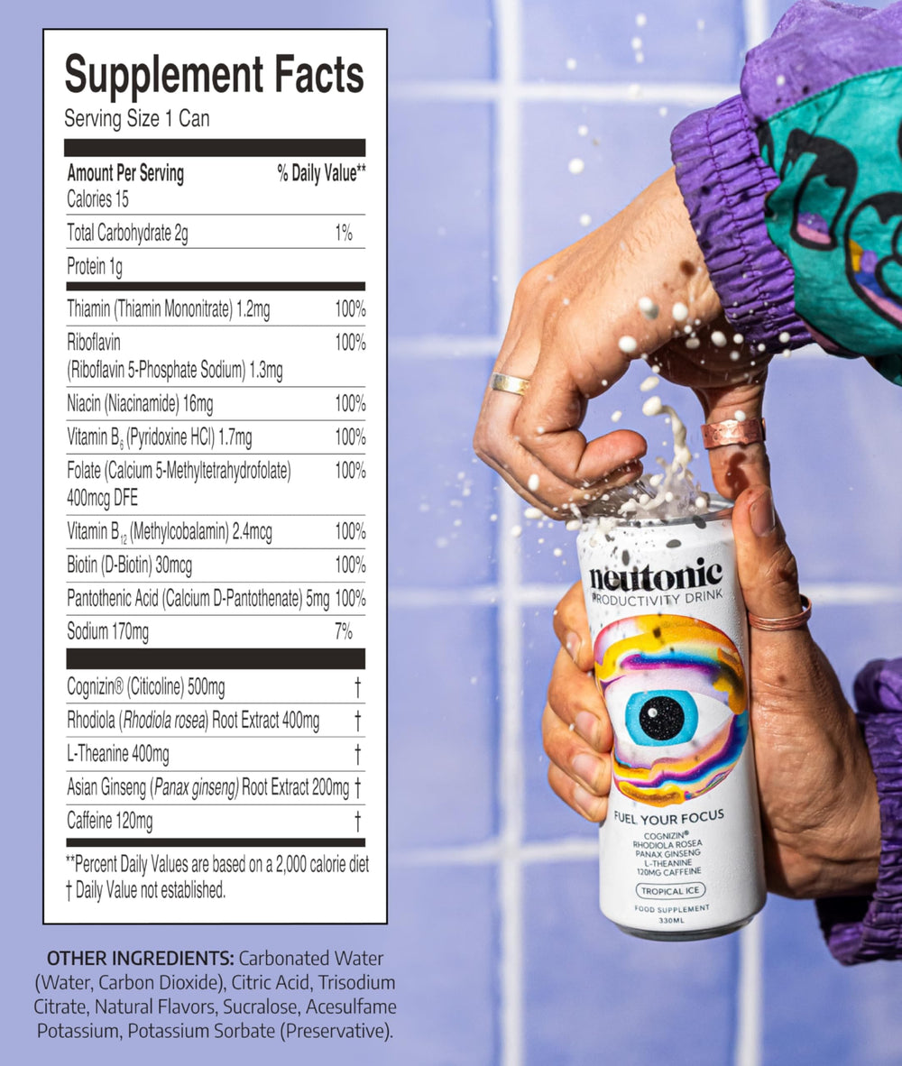 Neutonic Tropical Ice can side view highlights zero sugar formula for daily use.