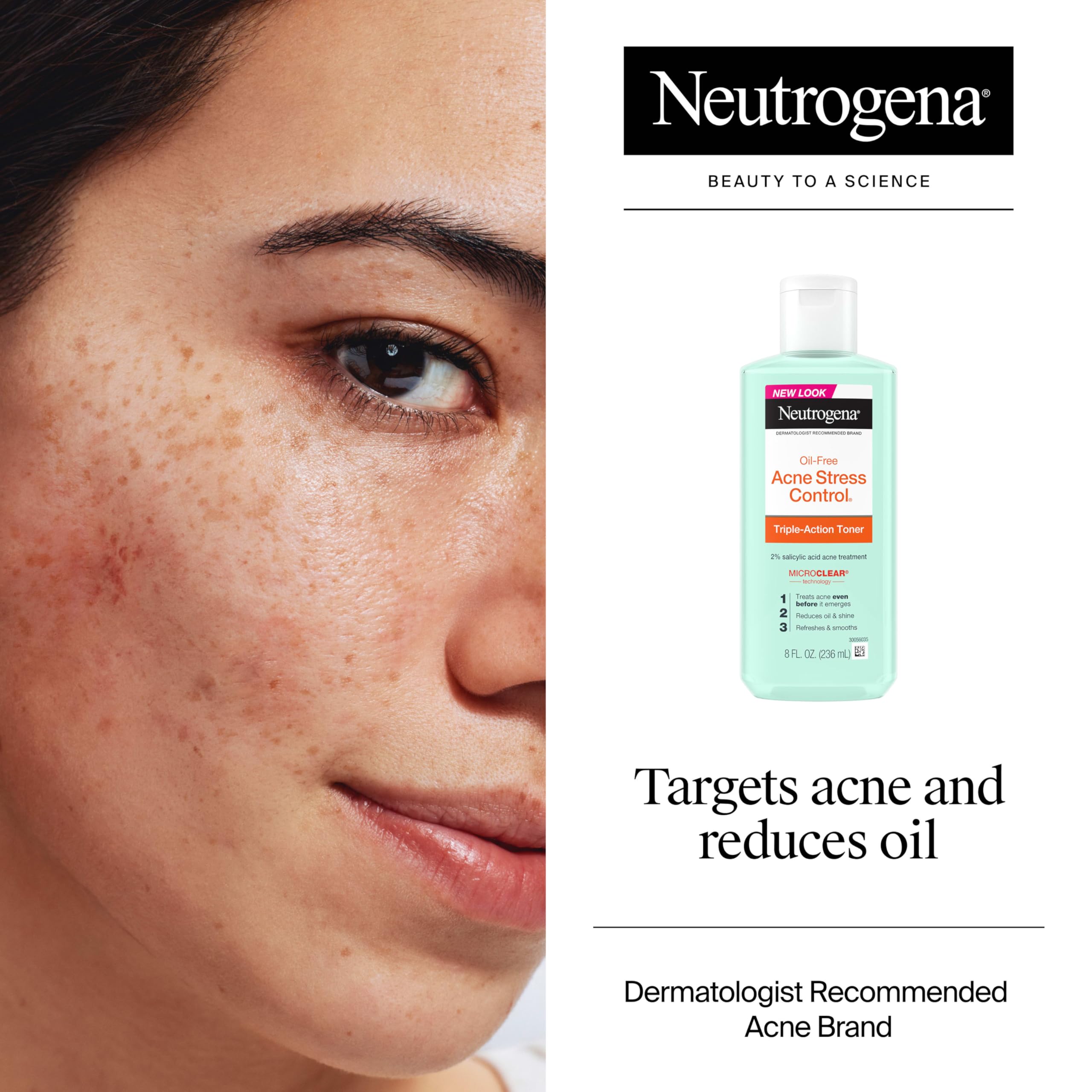 Neutrogena Acne Stress Control toner MicroClear technology label close up.